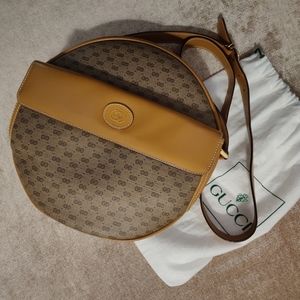 Vintage GUCCI GG Monogram Brown Tan Leather Large Canteen Round Crossbody 